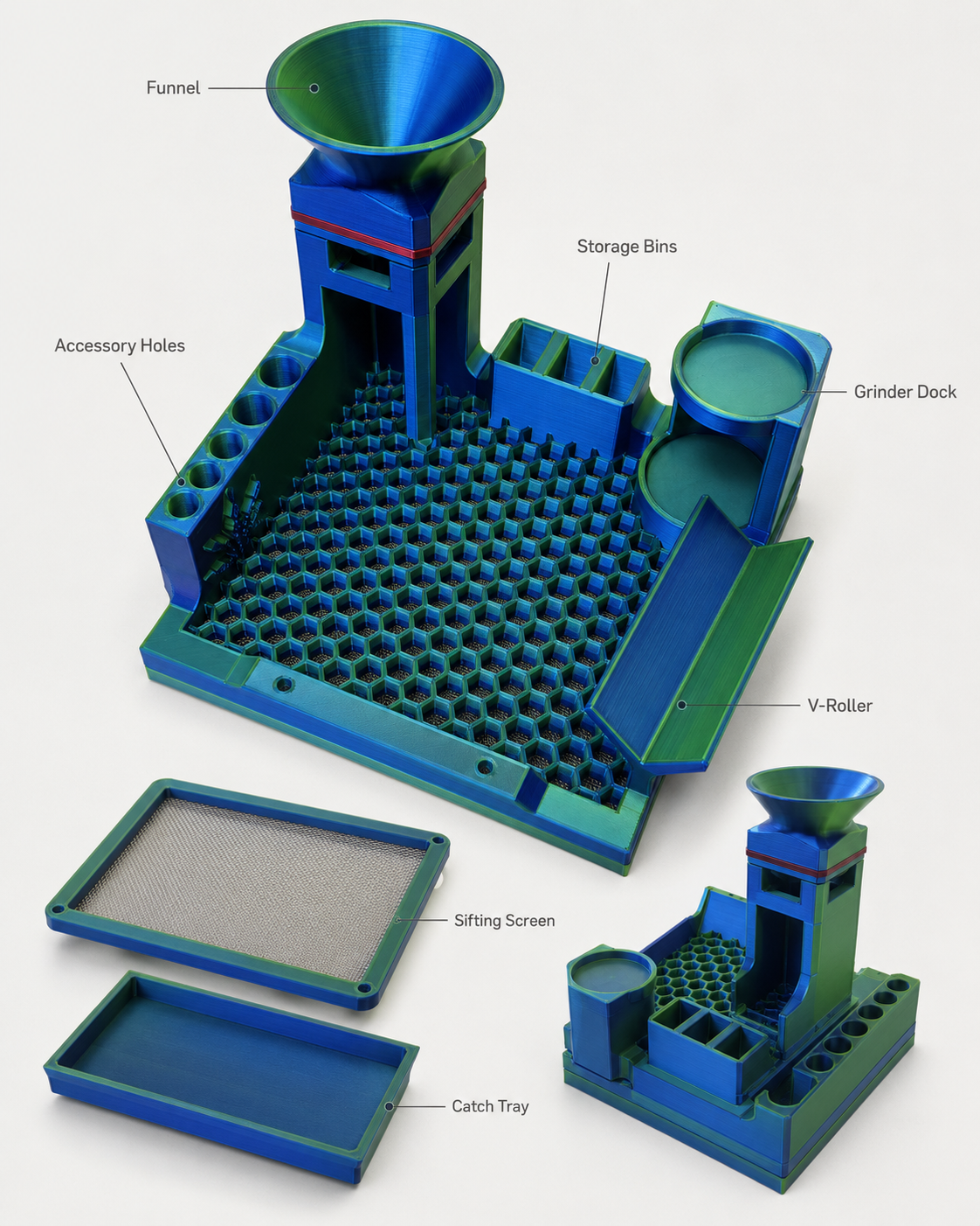 Multi-panel close-up detail render showing hex screen surface with stainless mesh, fine catch tray with printed square bosses, and funnel